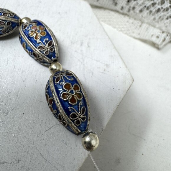 Vintage Cloisonné Blue Floral Oval Bead Necklace Spacer Or Jewelry Making Beads - Picture 3 of 6